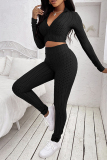 Black Casual Sportswear Solid Basic Zipper Collar Long Sleeve Two Pieces
