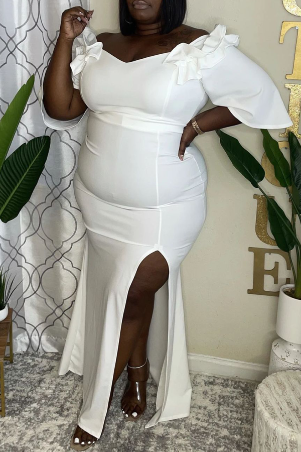 White Sexy Solid Patchwork Off the Shoulder Irregular Dress Plus Size Dresses