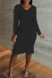 Black Casual Solid Patchwork Flounce O Neck Long Sleeve Dresses