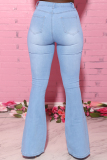 Blue Fashion Casual Solid Bandage High Waist Regular Jeans
