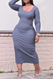 Dark Gray Sexy Casual Plus Size Solid Basic O Neck Long Sleeve Dresses