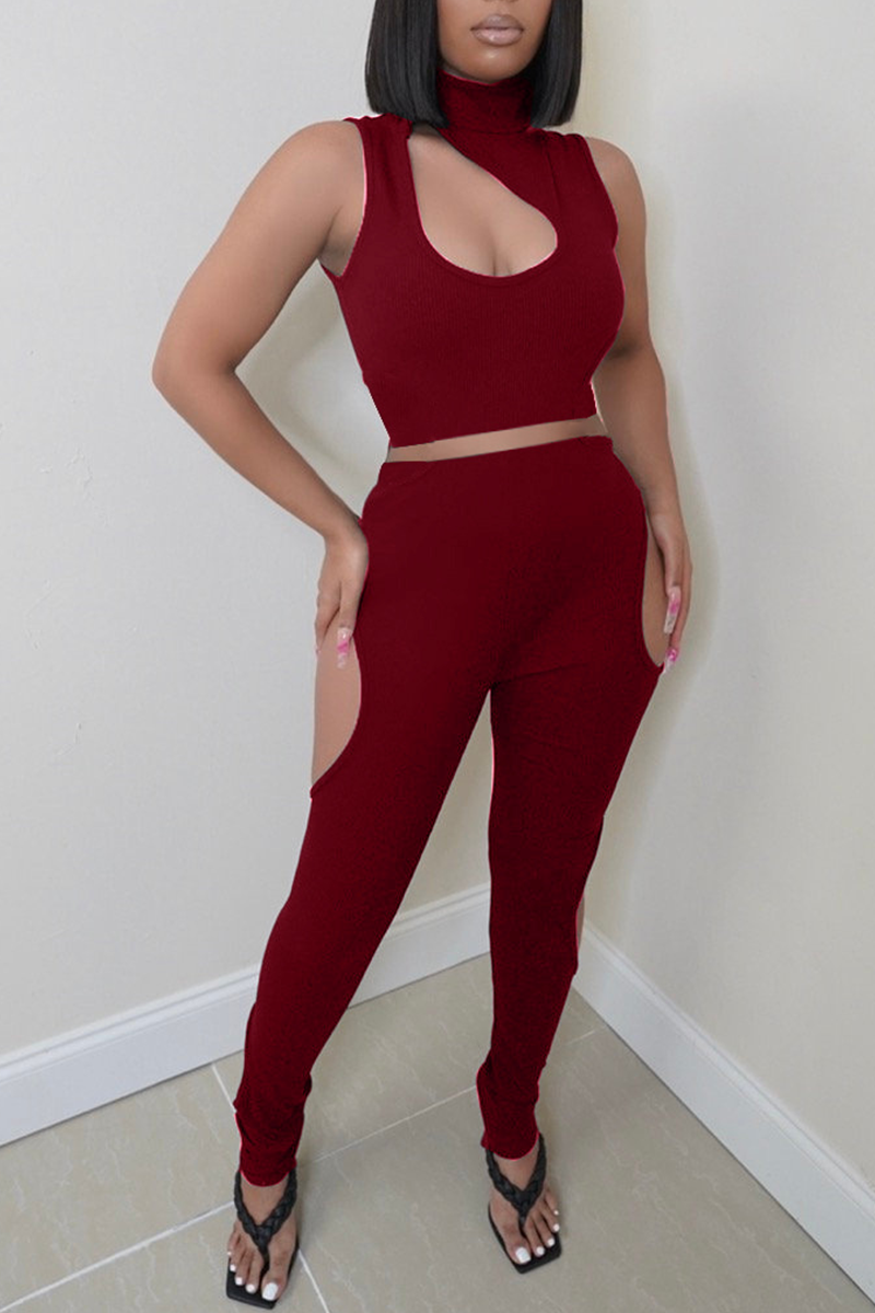 Burgundy Sexy Solid Hollowed Out Half A Turtleneck Sleeveless Two