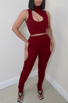 Burgundy Sexy Solid Hollowed Out Half A Turtleneck Sleeveless Two Pieces
