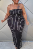 Black White Casual Striped Print Patchwork Strapless Long Sleeve Two Pieces