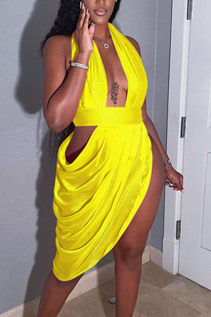 Yellow Sexy Solid Hollowed Out Split Joint Fold Asymmetrical Halter Evening Dress Dresses