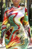 Red Fashion Printing Round Neck Long Sleeve Dress (Without Waist Chain)