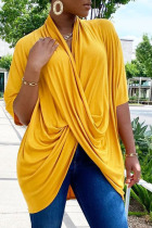 Yellow Casual Solid Split Joint Fold Asymmetrical V Neck T-Shirts