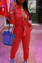 Red Casual Solid Split Joint With Belt Zipper Turndown Collar Straight Jumpsuits