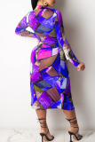 Blue Sexy Print Hollowed Out Patchwork Frenulum Slit O Neck Straight Dresses