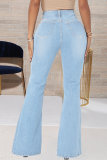 Baby Blue Casual Draw String Mid Waist Boot Cut Denim Jeans