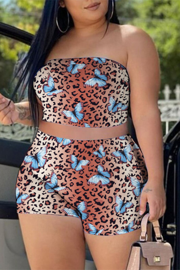 Leopard Print Fashion Sexy Butterfly Print Backless Strapless Sleeveless Two Pieces