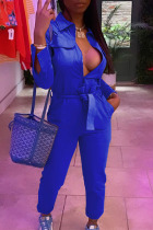 Royal Blue Casual Solid Split Joint With Belt Zipper Turndown Collar Straight Jumpsuits