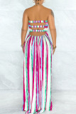 Yellow Blue Sexy Striped Print Hollowed Out Patchwork Backless Strapless Strapless Dress Dresses