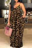 Leopard Print Sexy Casual Plus Size Leopard Printing Spaghetti Strap Long Dress