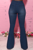 Baby Blue Fashion Casual Solid Ripped Bandage High Waist Regular Jeans