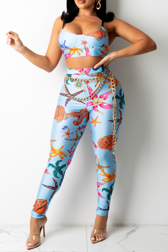 Blue Sexy Print Patchwork Spaghetti Strap Sleeveless Two Pieces