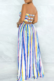 Yellow Blue Sexy Striped Print Hollowed Out Patchwork Backless Strapless Strapless Dress Dresses