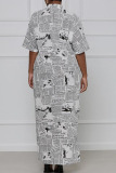 White Casual Print Patchwork Turndown Collar Shirt Dress Dresses