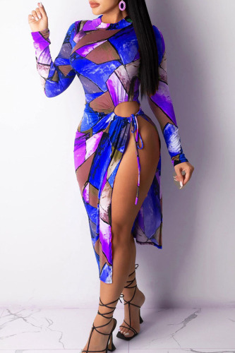 Blue Sexy Print Hollowed Out Patchwork Frenulum Slit O Neck Straight Dresses