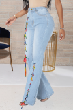 Baby Blue Casual Draw String Mid Waist Boot Cut Denim Jeans