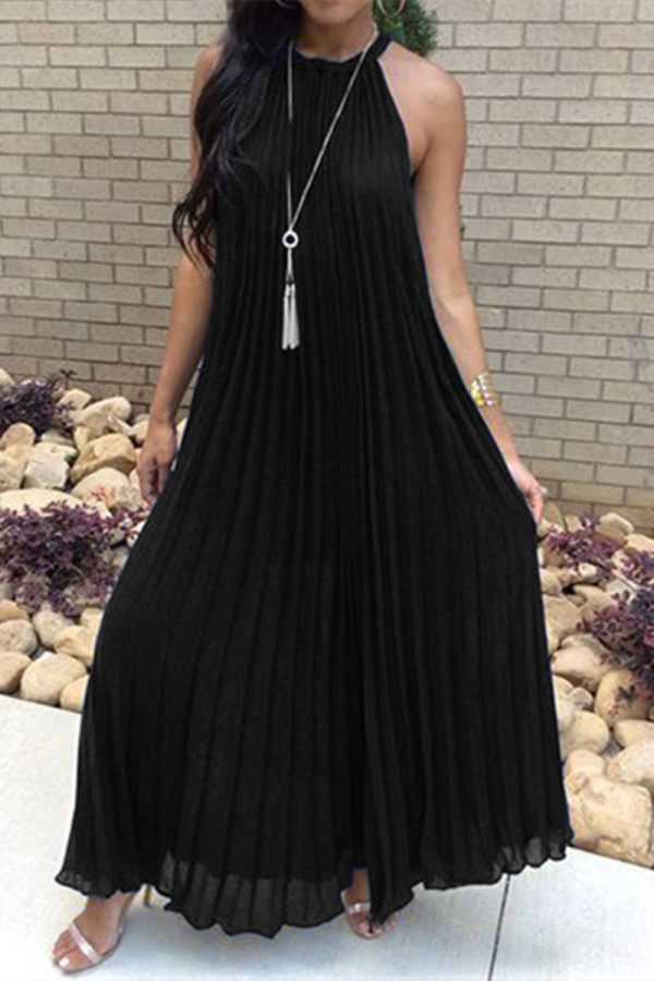 Black Fashion Sexy Sleeveless Loose Pleated Dress