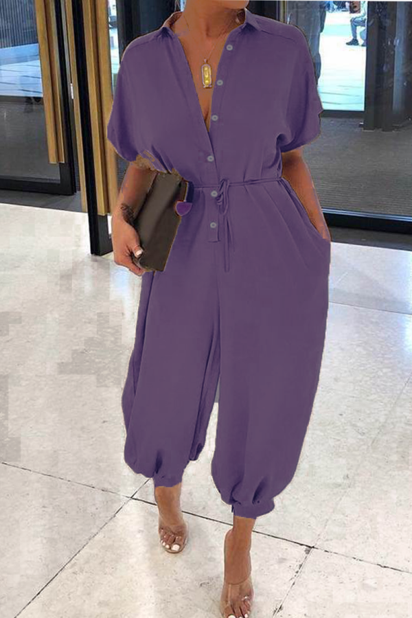 Purple Casual Solid Patchwork Turndown Collar Harlan Jumpsuits