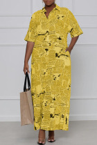 Yellow Casual Print Patchwork Turndown Collar Shirt Dress Dresses