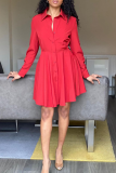 Red Casual Solid Patchwork Turndown Collar Shirt Dress Dresses