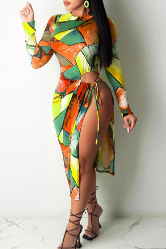 Yellow Sexy Print Hollowed Out Patchwork Frenulum Slit O Neck Straight Dresses