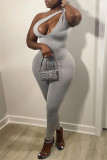 Grey Sexy Casual Solid Hollowed Out Backless One Shoulder Skinny Jumpsuits