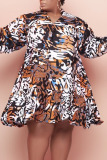 Multi-color Casual Print Split Joint Flounce V Neck Long Sleeve Plus Size Dresses