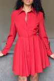 Tangerine Red Casual Solid Patchwork Turndown Collar Shirt Dress Dresses