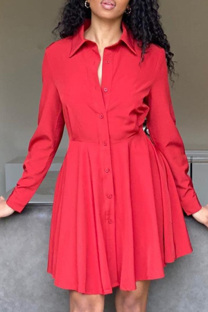 Red Casual Solid Split Joint Turndown Collar Shirt Dress Dresses
