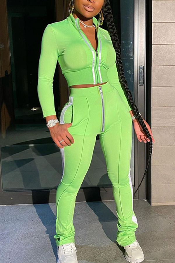 Fluorescent Green Casual Solid Split Joint Zipper Half A Turtleneck Long Sleeve Two Pieces