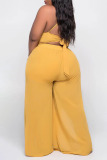 Yellow Casual Solid Bandage Patchwork Backless Slit Spaghetti Strap Plus Size Two Pieces