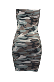 Grey Fashion Bateau Neck Camouflage Printed Mini Dress