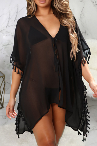 Black Sexy Solid Tassel Dresses