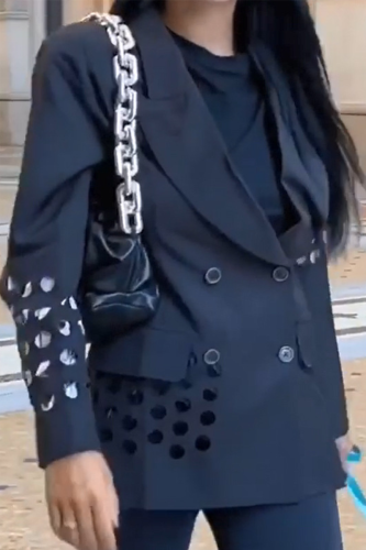 Black Casual Solid Ripped Turndown Collar Outerwear