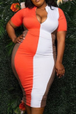 Tangerine Red Sexy Solid Patchwork Pencil Skirt Plus Size Dresses