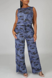Camouflag Gray Casual Camouflage Print Split Joint U Neck Straight Jumpsuits