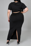 Black Sexy Solid Patchwork O Neck Pencil Skirt Plus Size Two Pieces