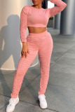 Pink Casual Solid Patchwork Fold O Neck Long Sleeve Two Pieces