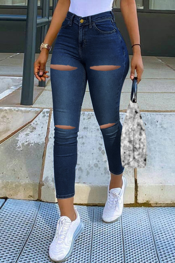 Deep Blue Fashion Casual Solid Ripped High Waist Skinny Jeans