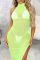 Fluorescent Green Sexy Solid Patchwork Mesh Swimwears Cover Up