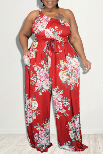 Red Fashion Casual Print Backless One Shoulder Regular Jumpsuits