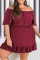 Burgundy Sexy Solid Flounce Off the Shoulder Cake Skirt Plus Size Dresses