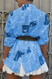 Blue cardigan Long Sleeve Solid Print Newspaper Blouses & Shirts