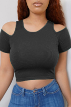 Black Sexy Solid Split Joint O Neck T-Shirts
