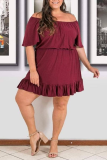 Burgundy Sexy Solid Flounce Off the Shoulder Cake Skirt Plus Size Dresses