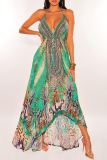Green Bohemian Print Patchwork Spaghetti Strap Irregular Dress Dresses